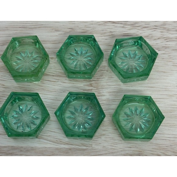 Set of 6 Vintage Emerald Green Glass Starburst Open Salt Cellar Dip Hexagon #14 - Picture 1 of 8